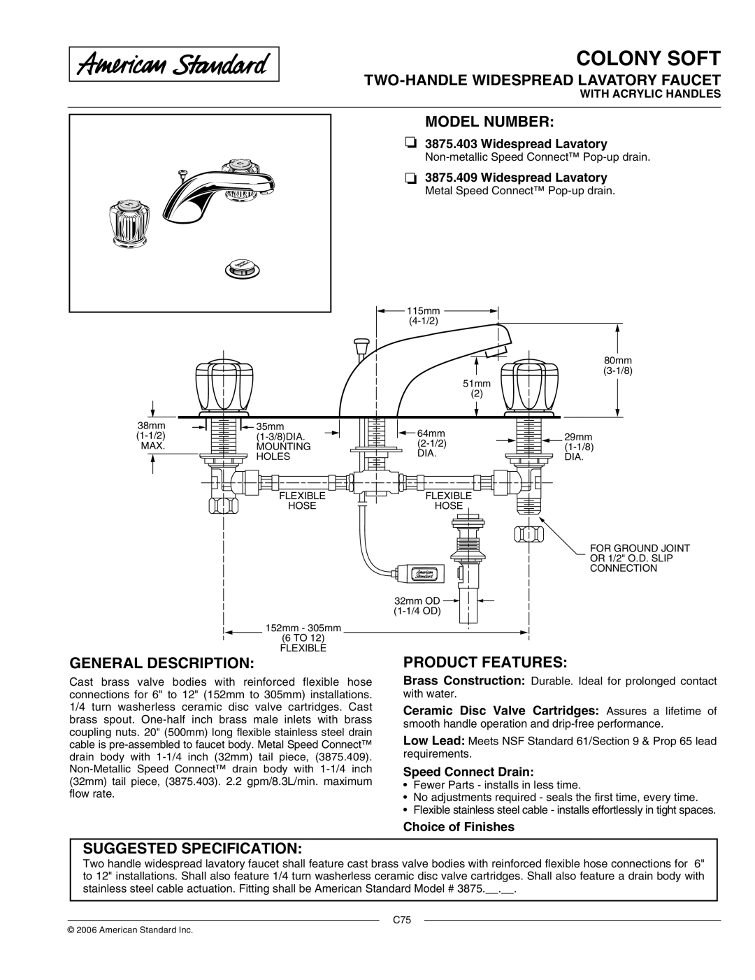 American Standard 3875.409 manual TWO-HANDLE Widespread Lavatory Faucet, Model Number, General Description 