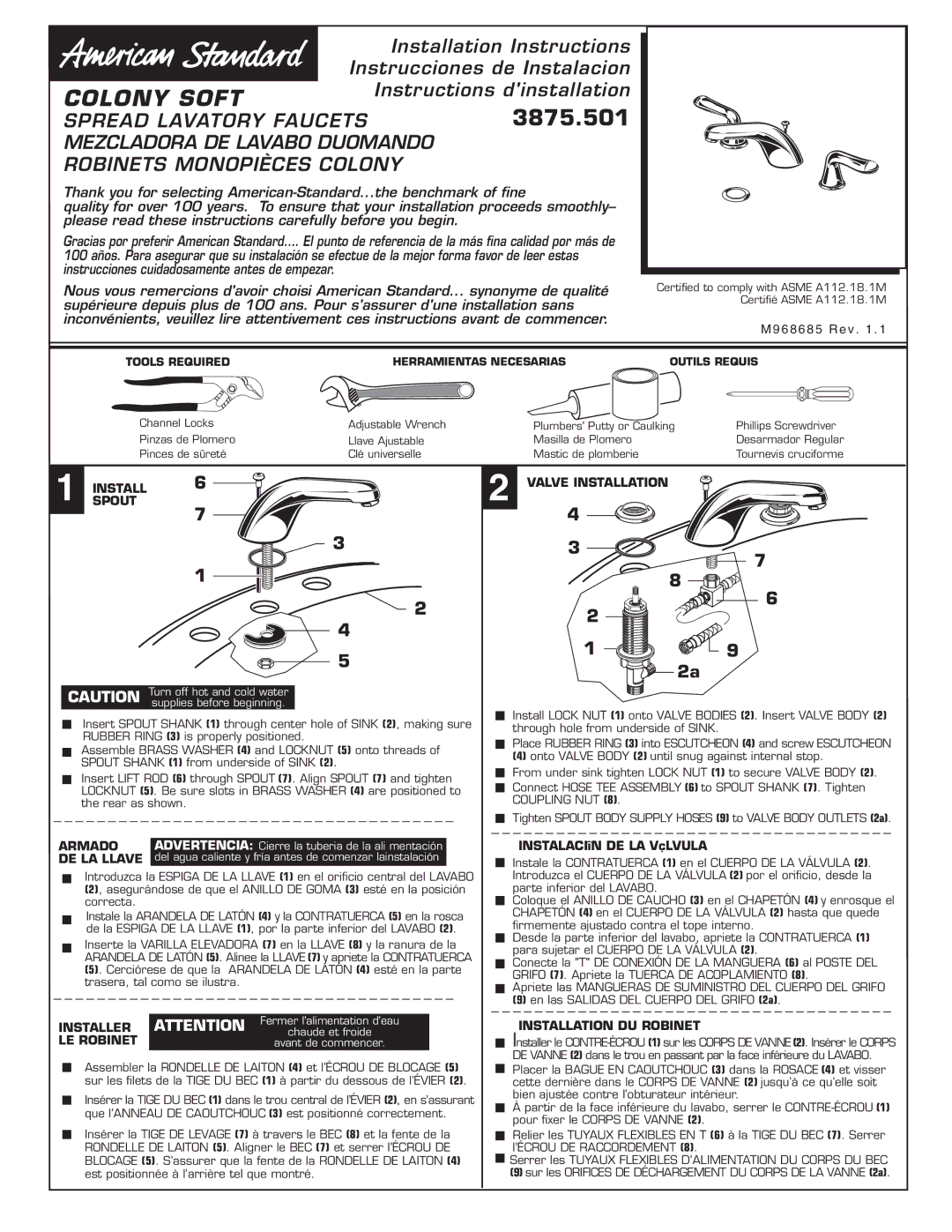 American Standard 3875.501 installation instructions Armado, DE LA Llave, Installer, LE Robinet, Valve Installation 