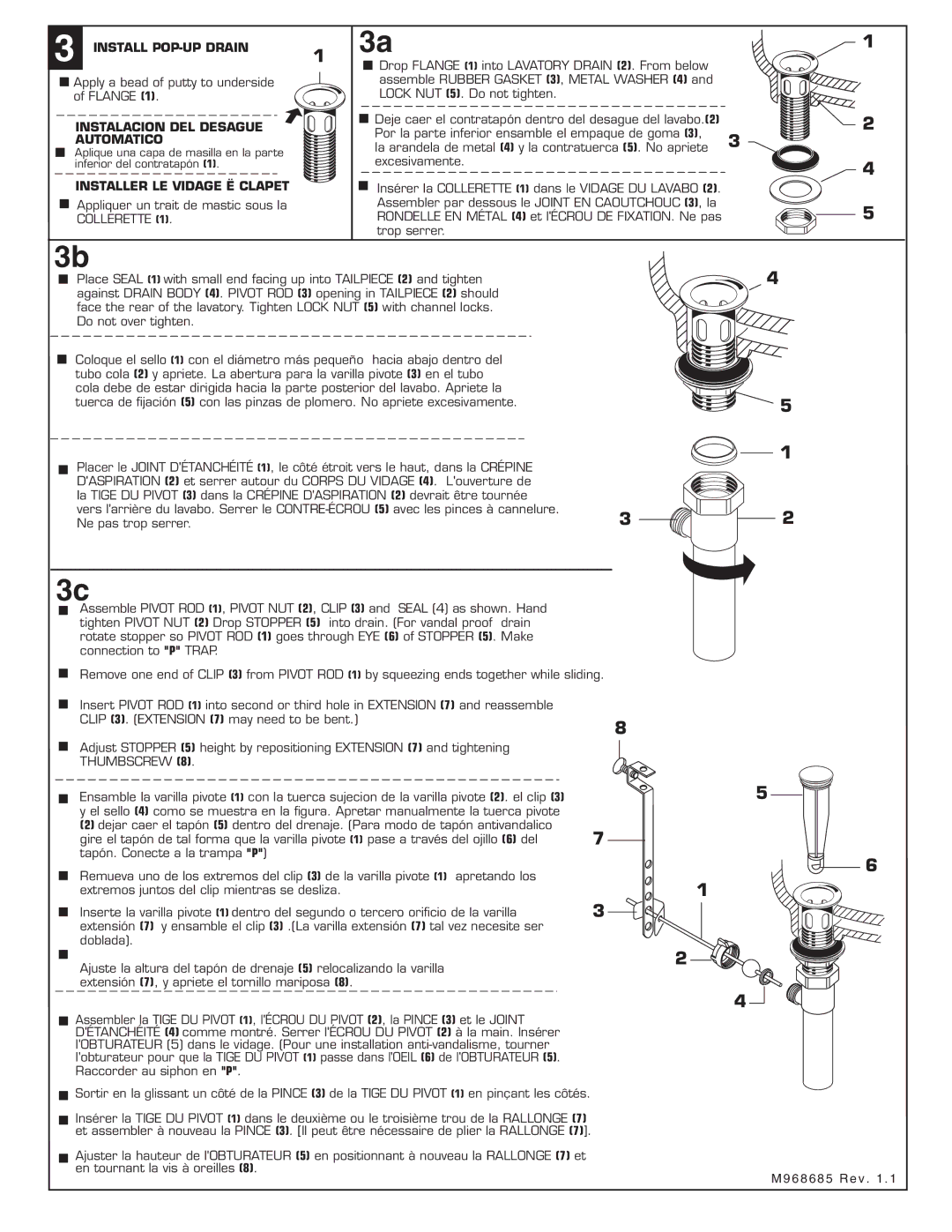 American Standard 3875.501 Install POP-UP Drain, Instalacion DEL Desague Automatico, Installer LE Vidage Ë Clapet 