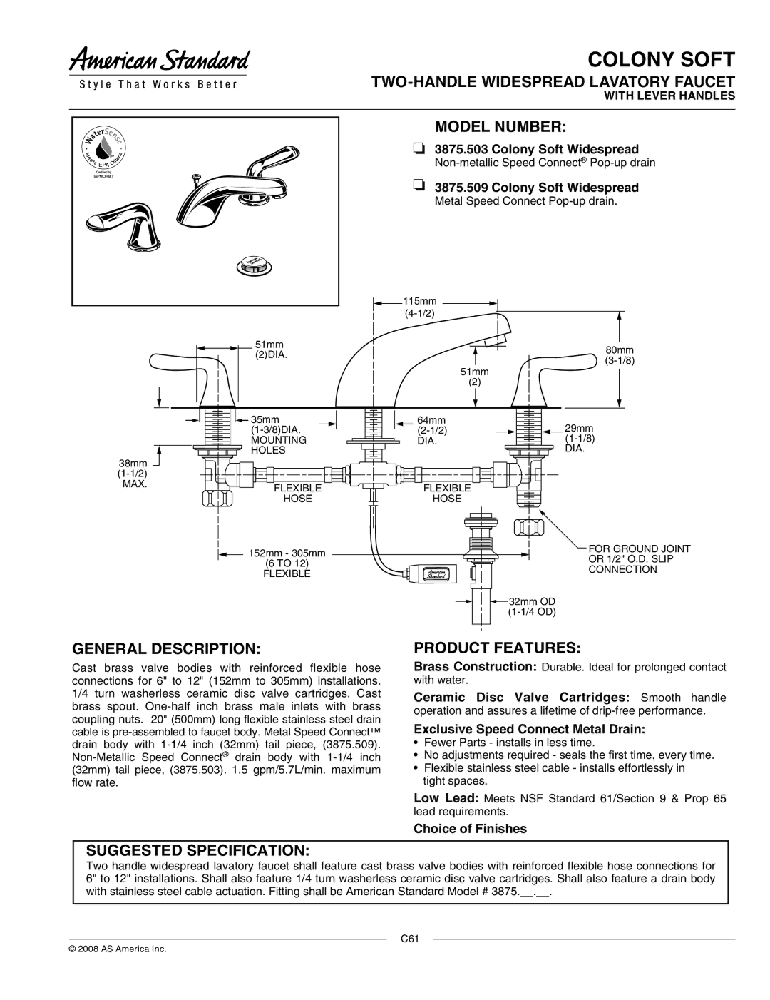 American Standard 3875.509 manual Colony Soft 