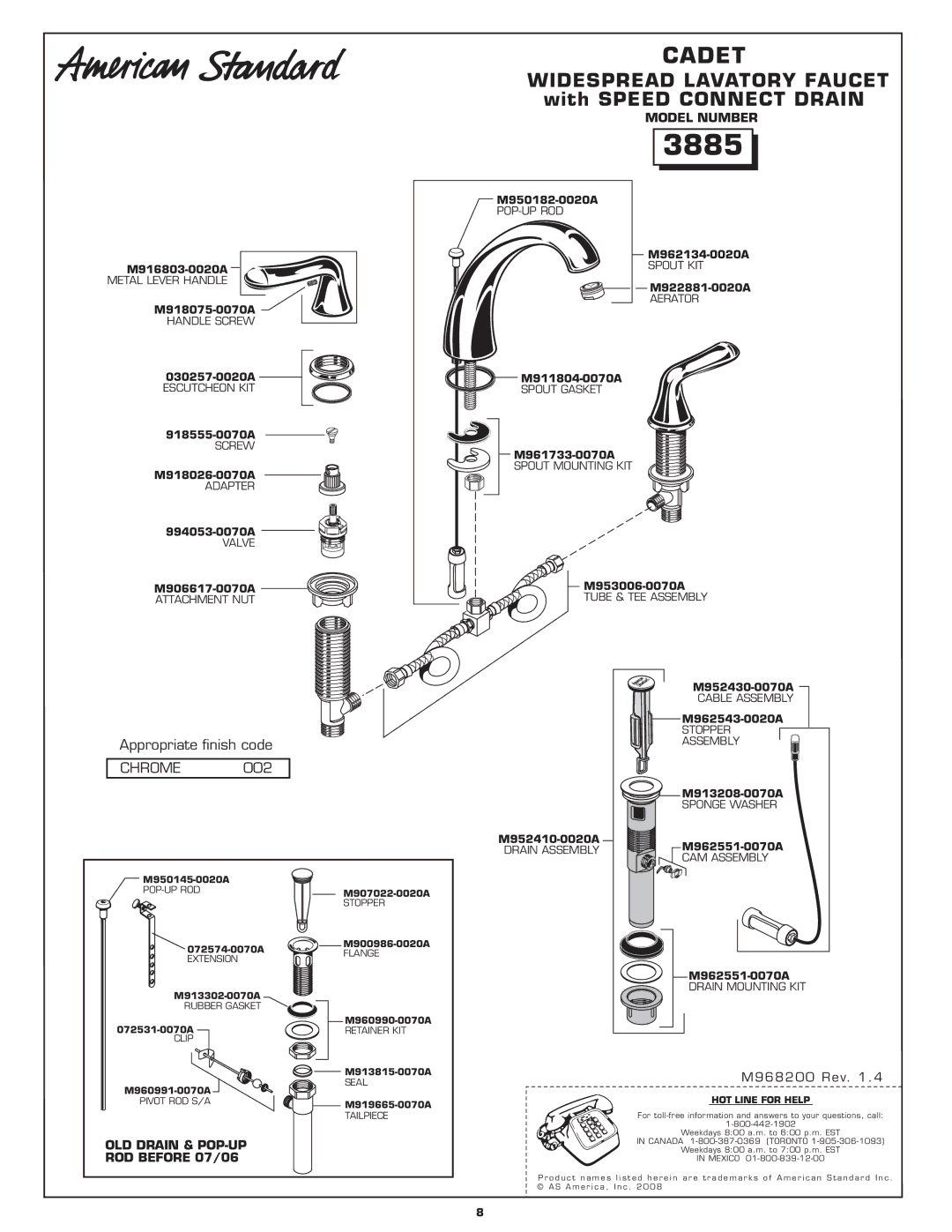 American Standard 3885 manual Cadet, Widespread Lavatory Faucet with Speed Connect Drain, Chrome 