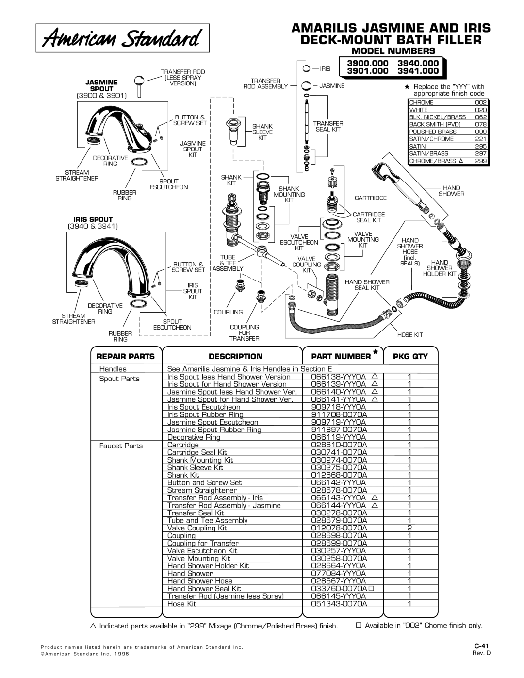 American Standard 3941.000, 3940.000 manual Amarilis Jasmine and Iris, DECK-MOUNT Bath Filler, Model Numbers, Repair Parts 