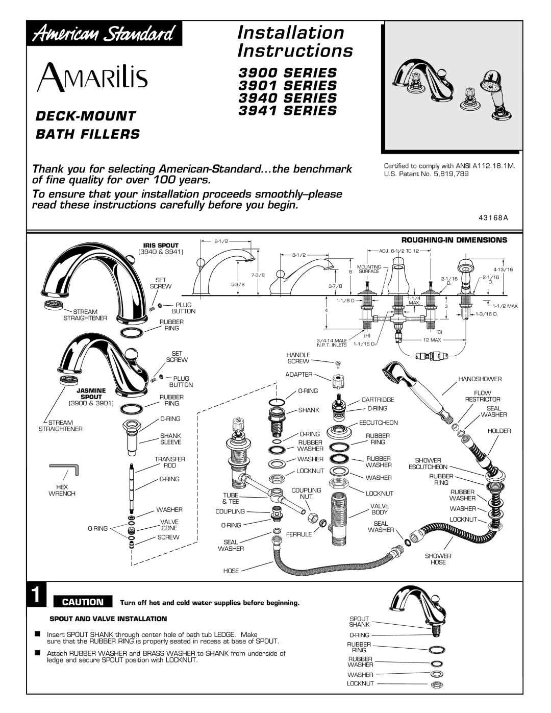 American Standard 3901 SERIES, 3941 SERIES installation instructions Instructions, Spout and Valve Installation 