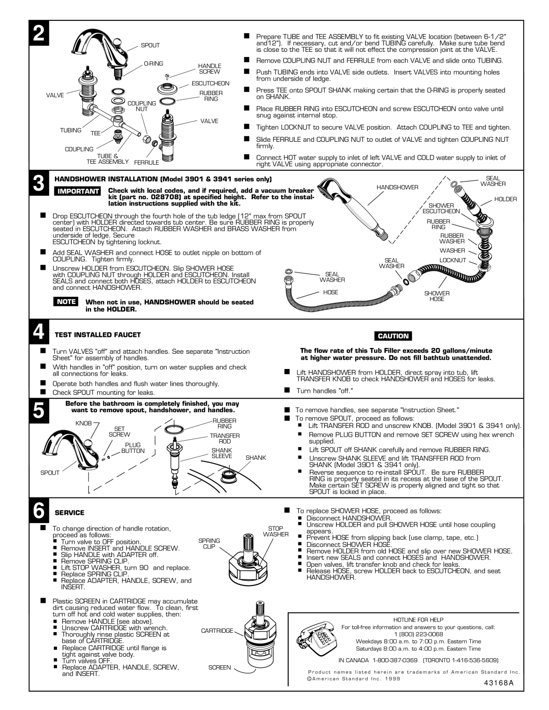 American Standard 3940 SERIES, 3941 SERIES, 3901 SERIES, 3900 SERIES Test Installed Faucet, Service, Insert, Handshower 