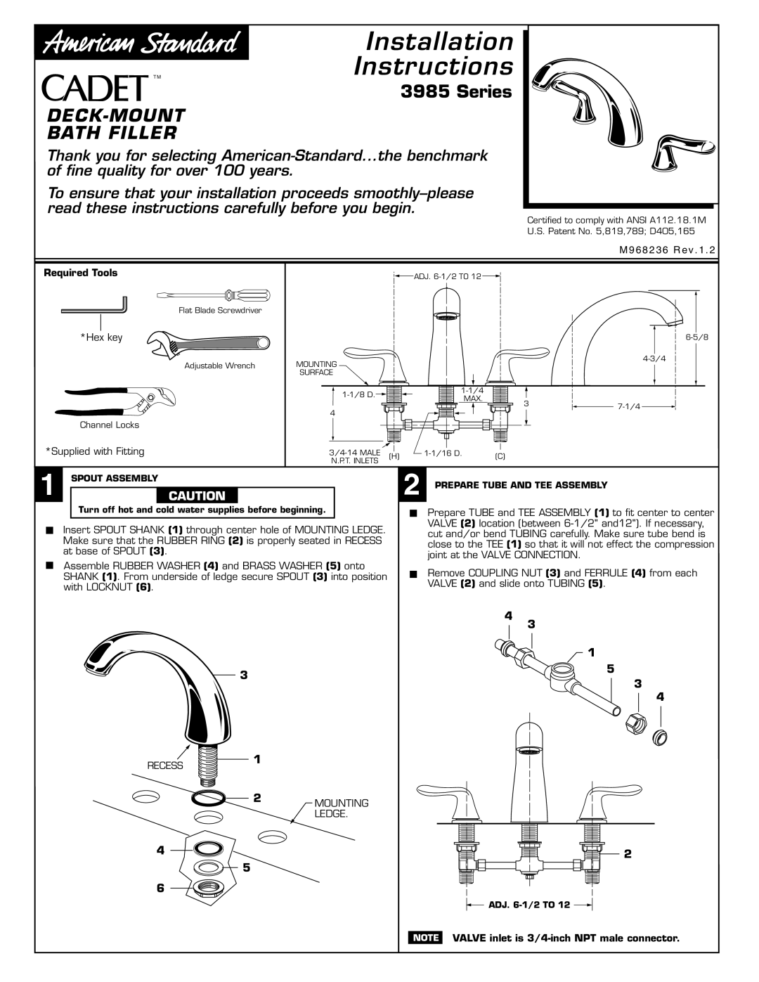 American Standard 3985 installation instructions Installation Instructions, DECK-MOUNT Bath Filler, Required Tools 