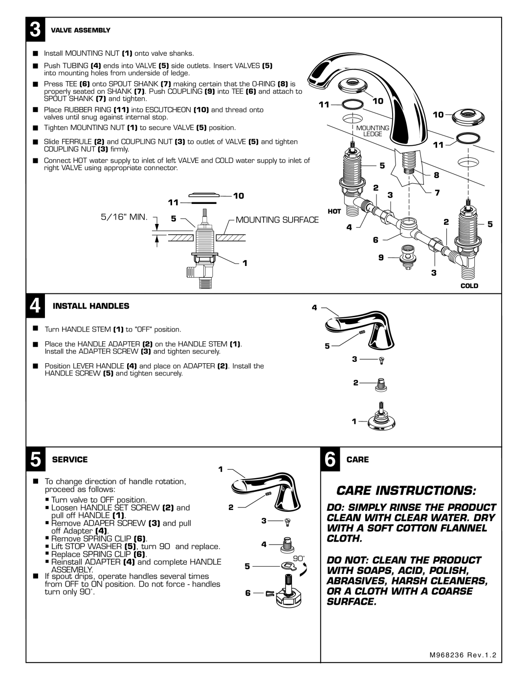 American Standard 3985 installation instructions Care Instructions, Mounting Surface, Install Handles, Service 