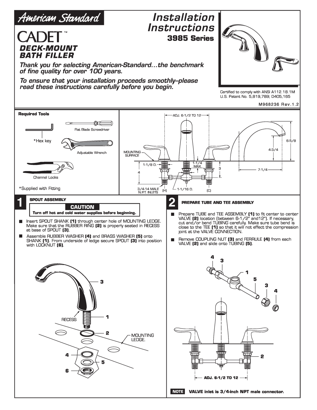 American Standard 3985 installation instructions Deck-Mount Bath Filler, Installation Instructions, Series 