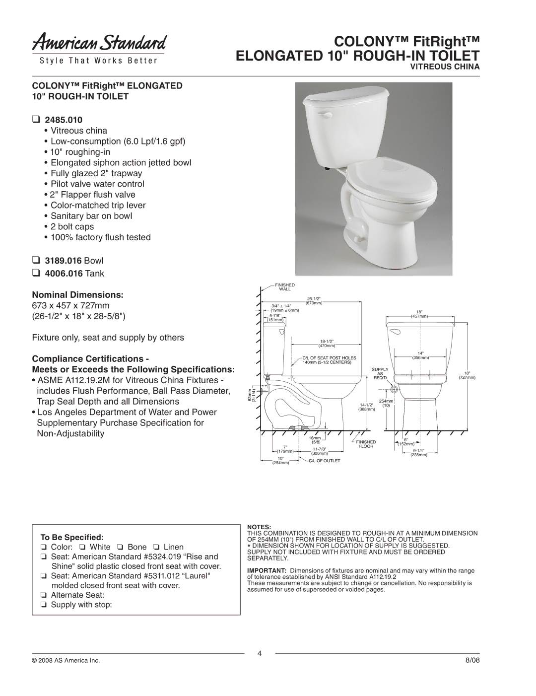 American Standard 3189.016, 4006.016 dimensions Colony FitRight Elongated 10 ROUGH-IN Toilet 2485.010, To Be Specified 