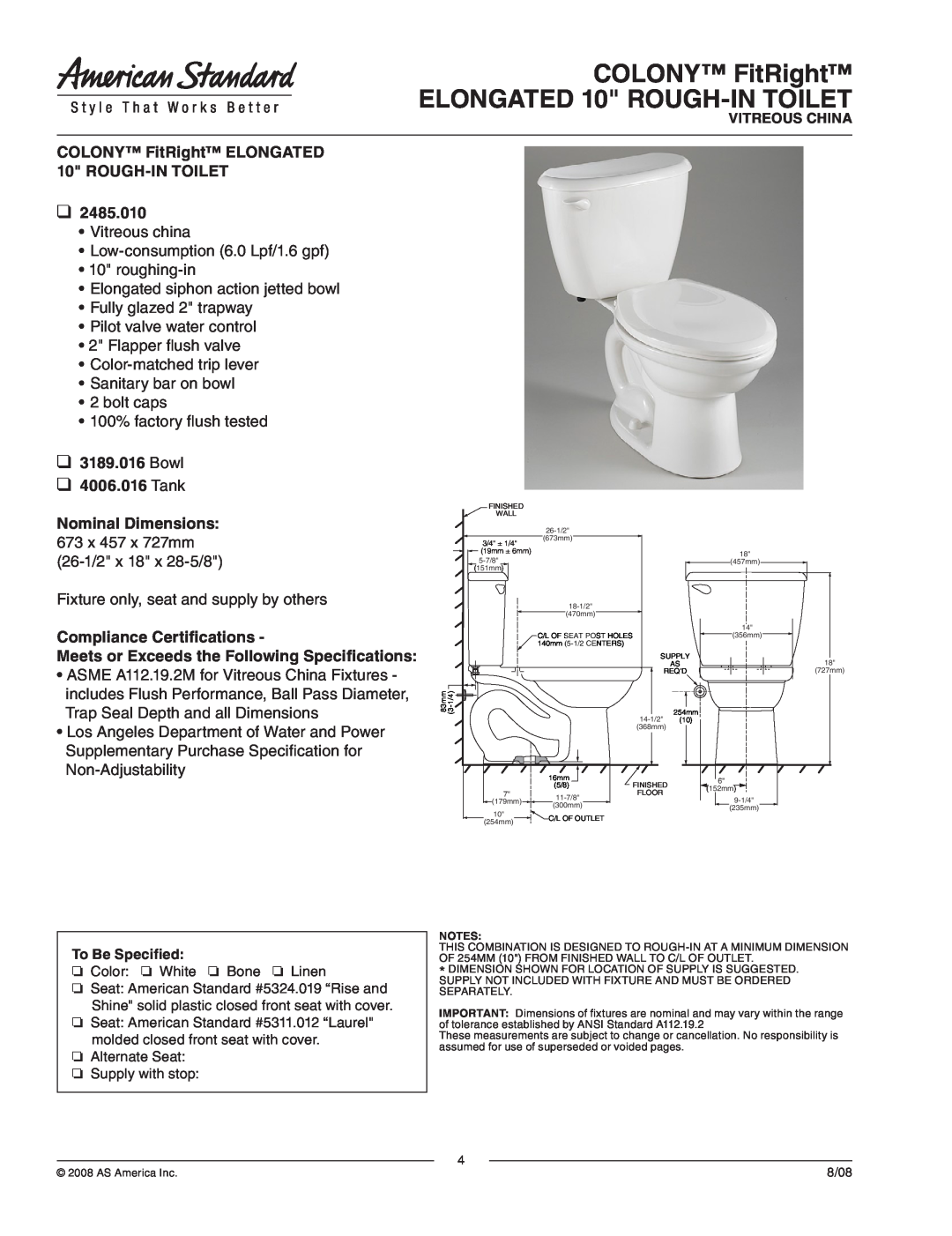 American Standard 3189.016 dimensions COLONY FitRight ELONGATED 10 ROUGH-INTOILET, 2485.010, Bowl 4006.016 Tank 