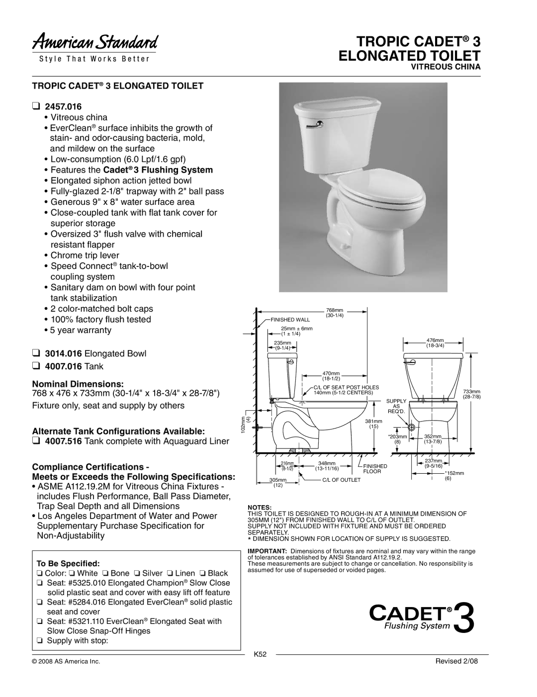 American Standard 2457.016, 4007.016, 3014.016 dimensions Tropic Cadet 3 Elongated Toilet 