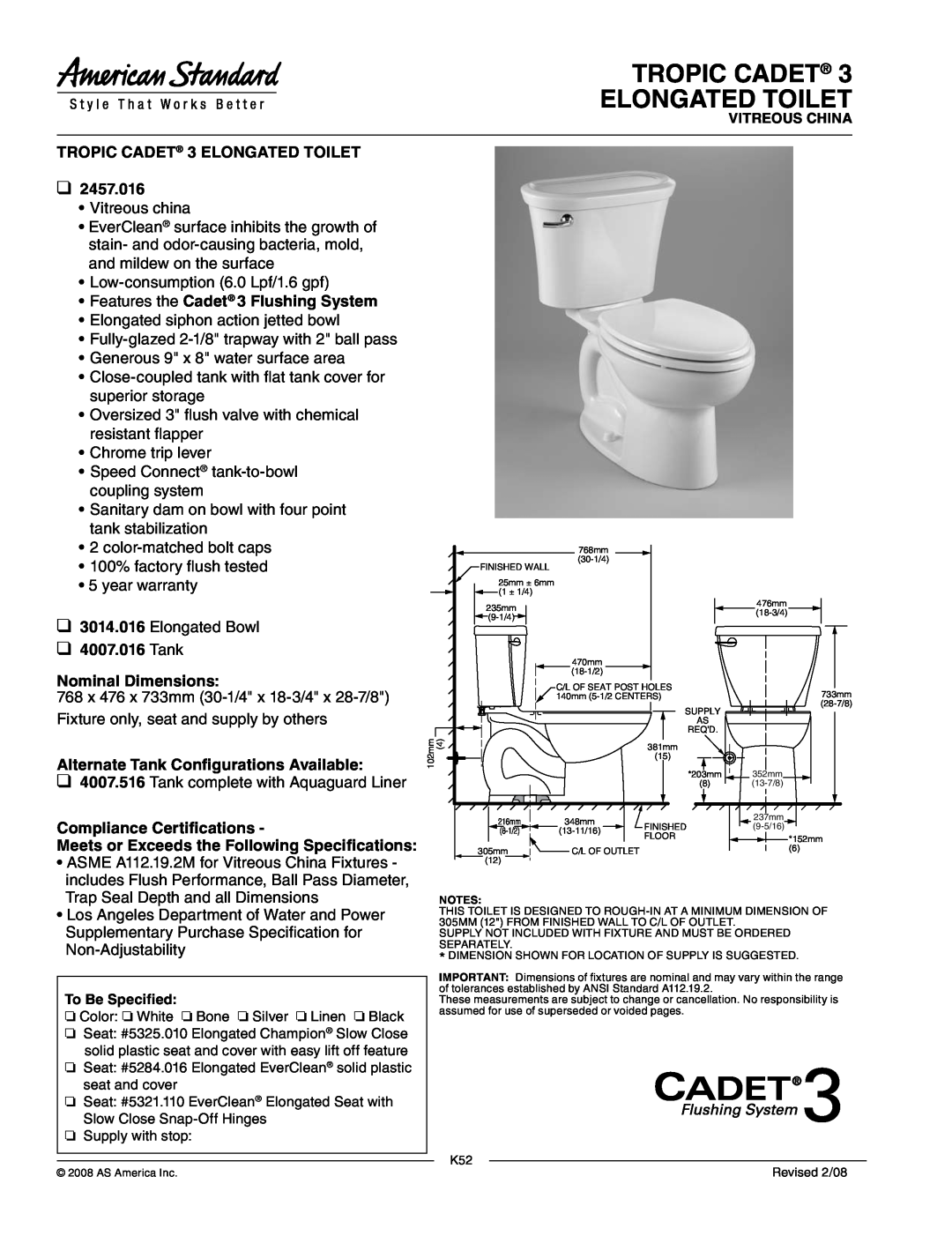 American Standard 2457.016 dimensions TROPIC CADET 3 ELONGATED TOILET, Features the Cadet 3 Flushing System, 3014.016 