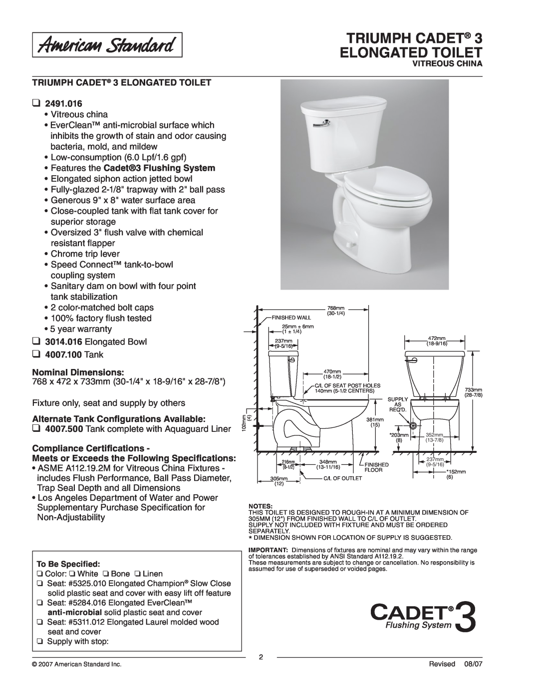 American Standard 2491.016, 4007.100 dimensions Triumph Cadet Elongated Toilet, TRIUMPH CADET 3 ELONGATED TOILET 