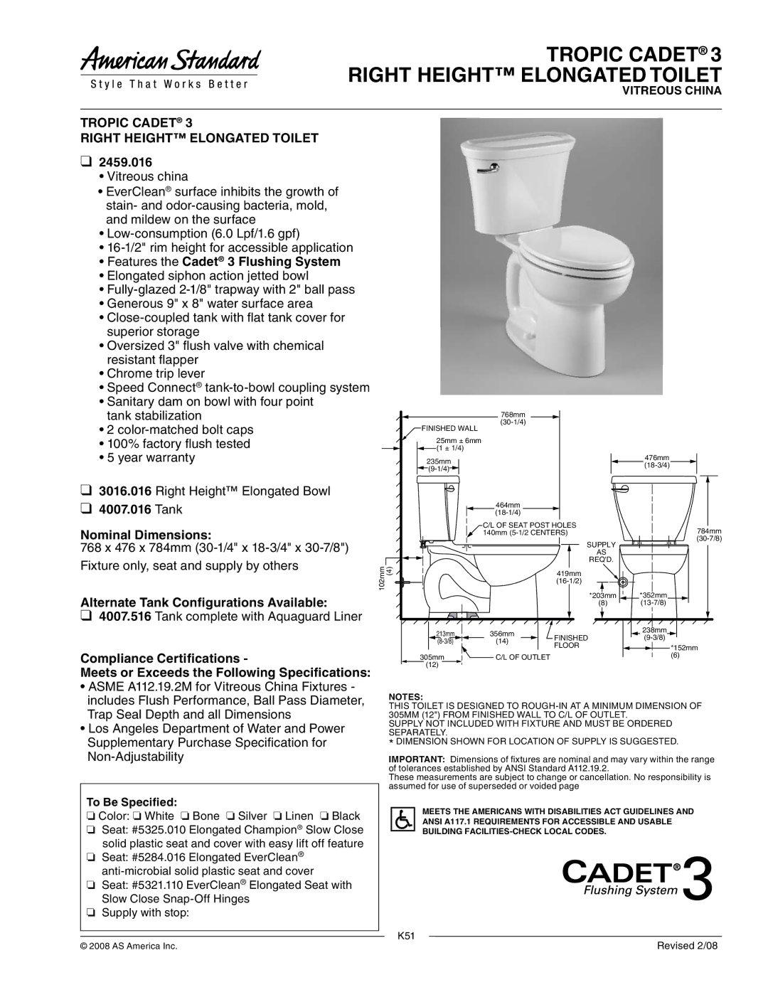 American Standard 2459.016, 4007.516 warranty Tropic Cadet 3 Right Height Elongated Toilet 