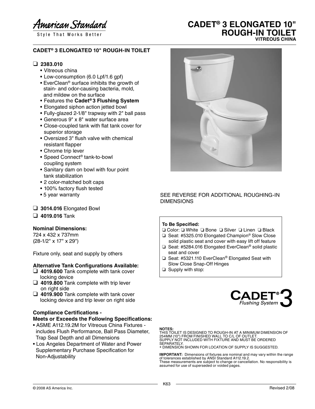 American Standard 2383.010, 4019.016 dimensions Features the Cadet 3 Flushing System, Tank Nominal Dimensions 