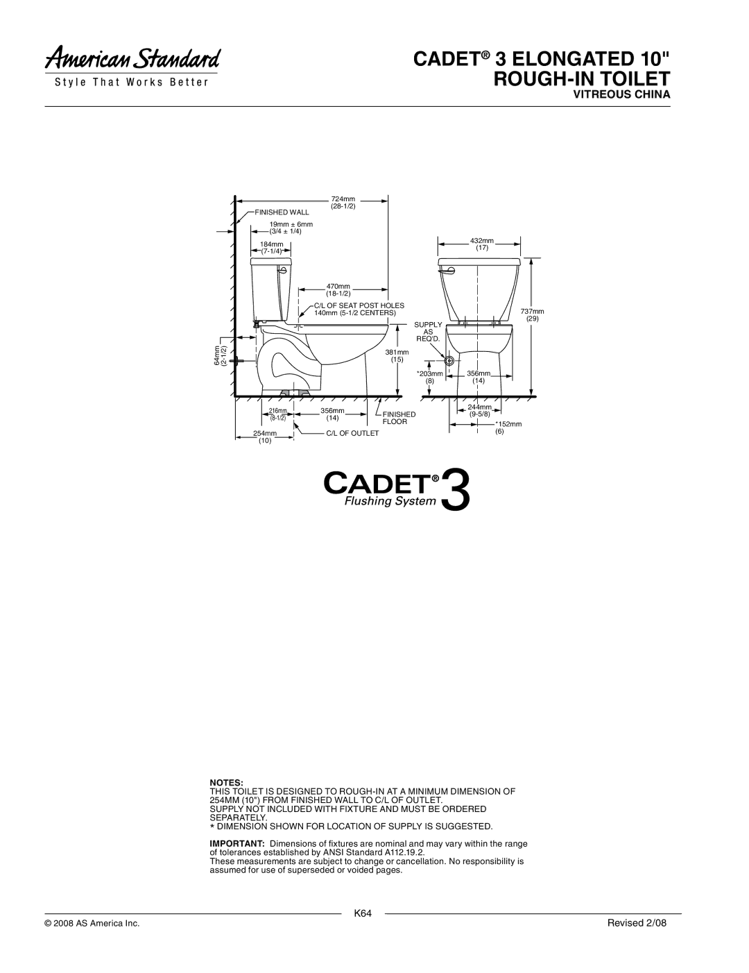 American Standard 4019.016, 2383.010 dimensions K64 