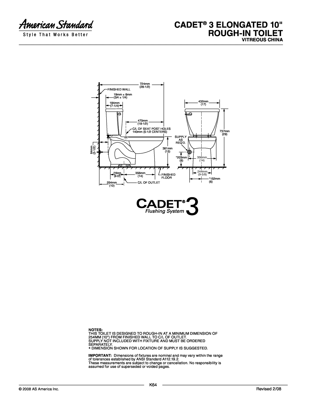 American Standard 4019.016, 2383.010 dimensions CADET 3 ELONGATED ROUGH-INTOILET, Vitreous China, Revised 2/08 