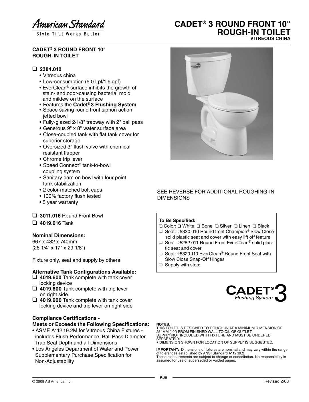 American Standard 4019.800, 4019.600, 4019.900, 2384.010 dimensions Cadet 3 Round Front ROUGH-IN Toilet 