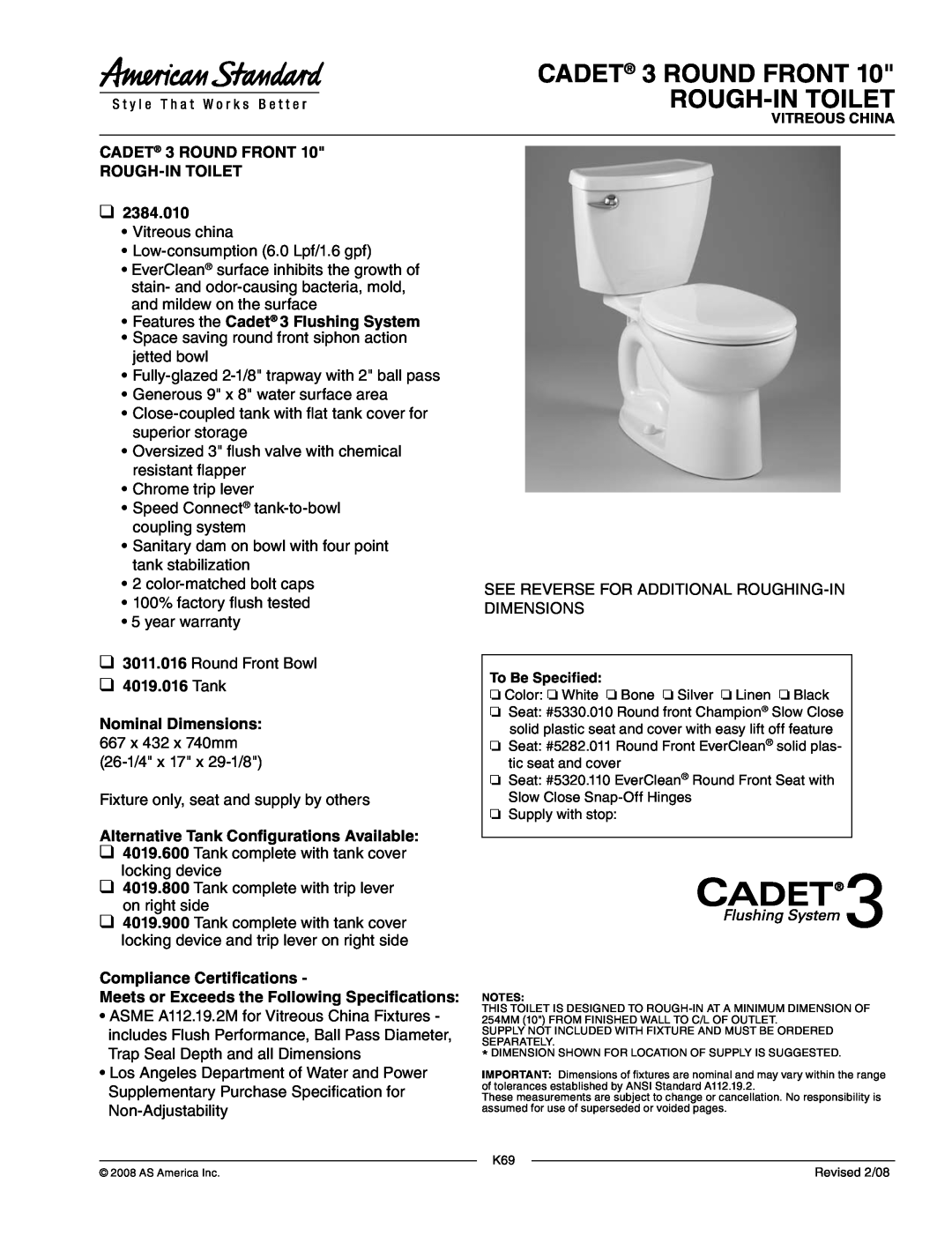 American Standard 4019.800 dimensions CADET 3 ROUND FRONT ROUGH-INTOILET, Features the Cadet 3 Flushing System, Tank 