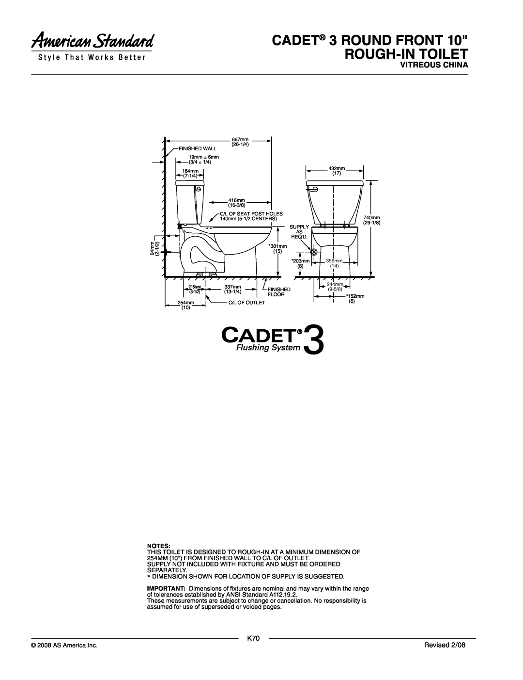 American Standard 4019.900, 4019.600, 4019.800, 2384.010 CADET 3 ROUND FRONT ROUGH-INTOILET, Vitreous China, Revised 2/08 