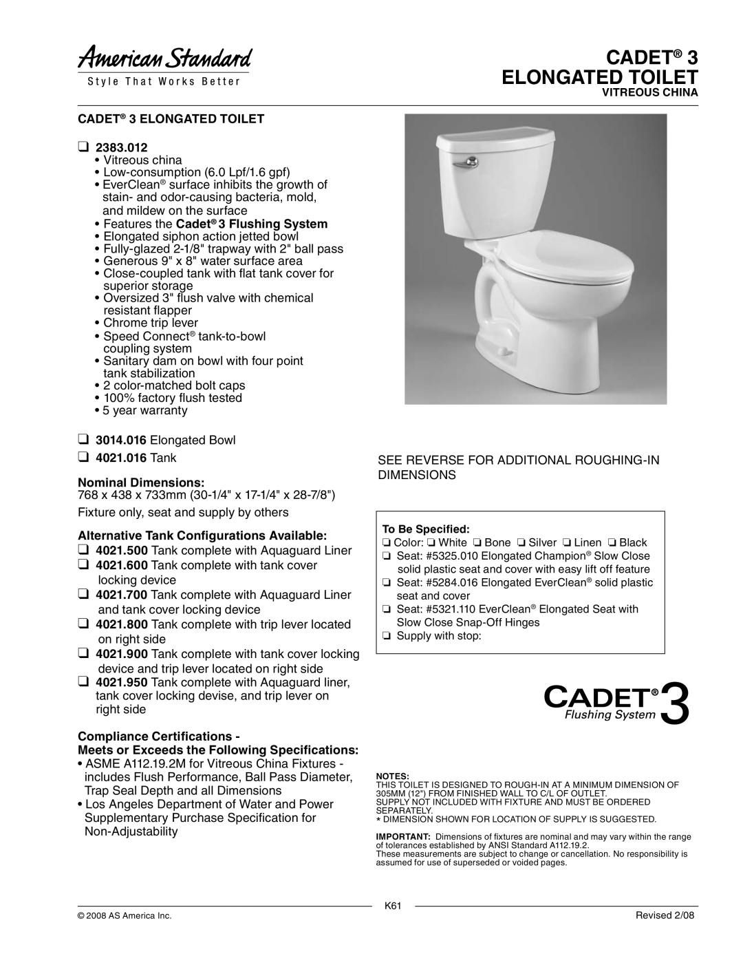 American Standard 2383.012, 4021.016 dimensions Cadet Elongated Toilet, Cadet 3 Elongated Toilet 