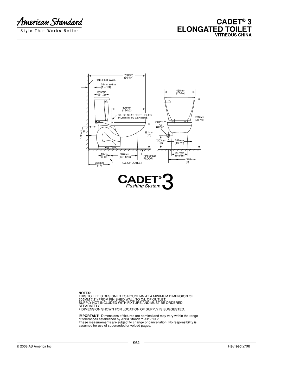 American Standard 4021.016, 2383.012 dimensions Finished Wall, Supply AS Reqd, Floor, Outlet 