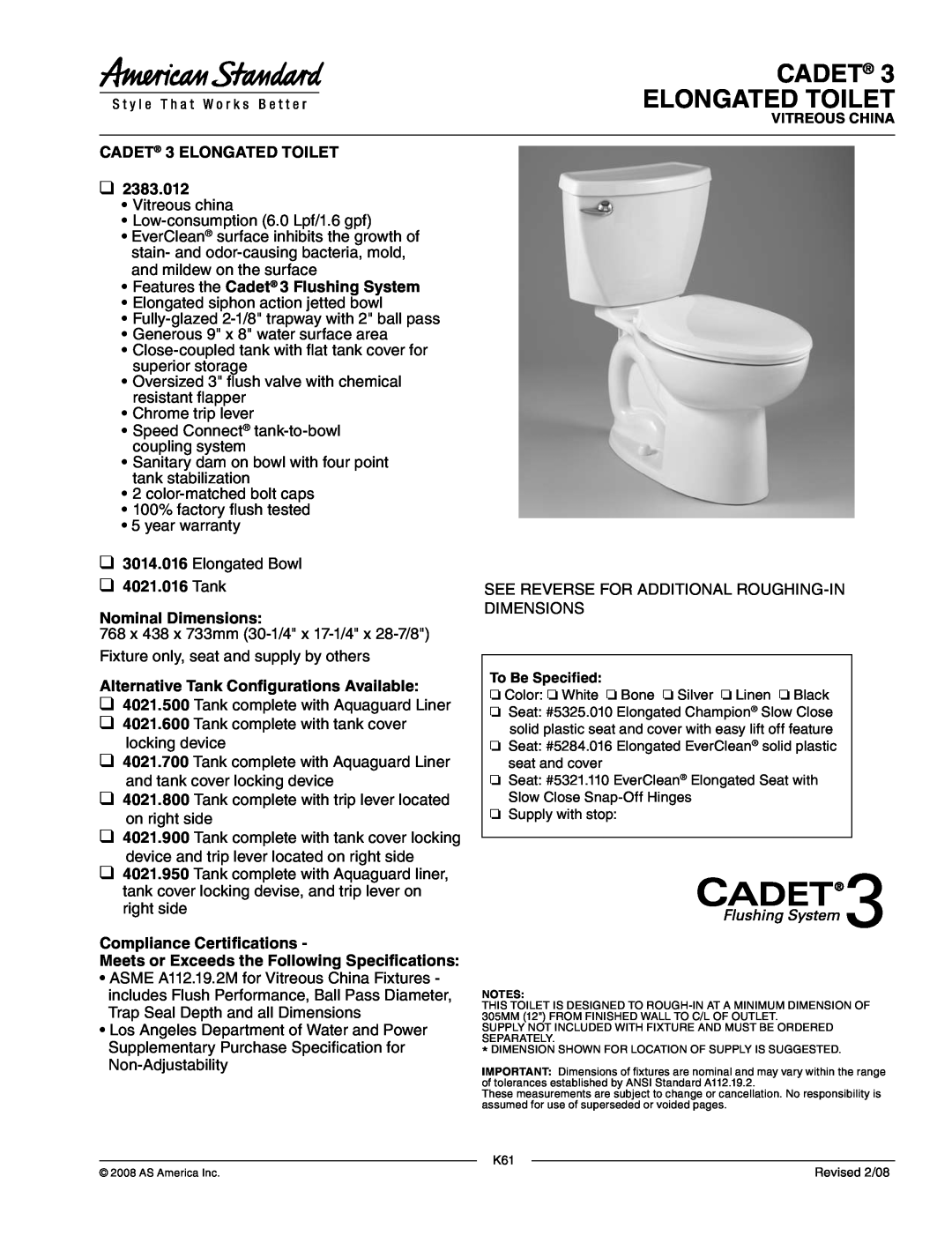 American Standard 2383.012, 4021.016 dimensions Cadet Elongated Toilet, CADET 3 ELONGATED TOILET, Tank, Nominal Dimensions 