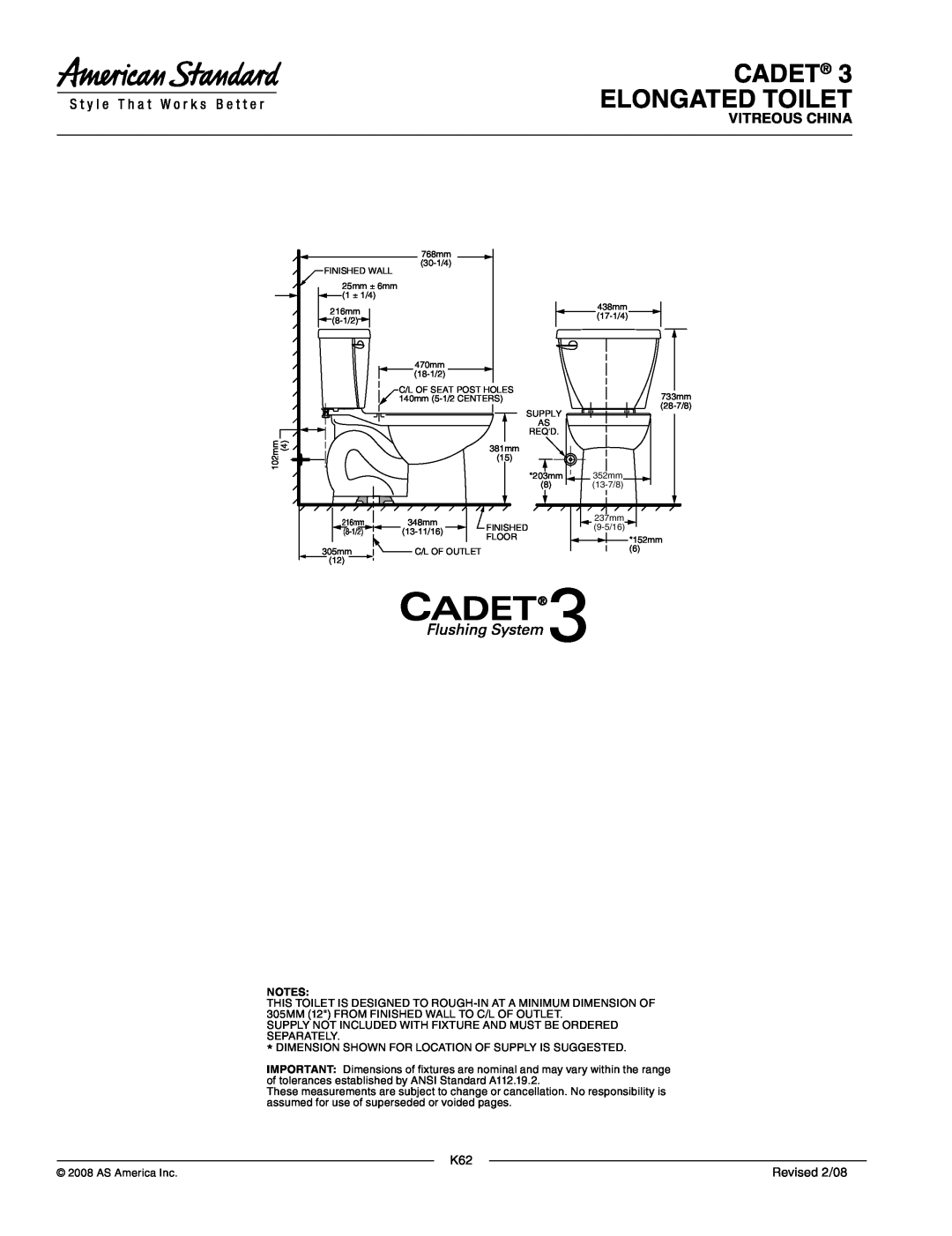 American Standard 4021.016, 2383.012 dimensions Cadet Elongated Toilet, Vitreous China, Revised 2/08 