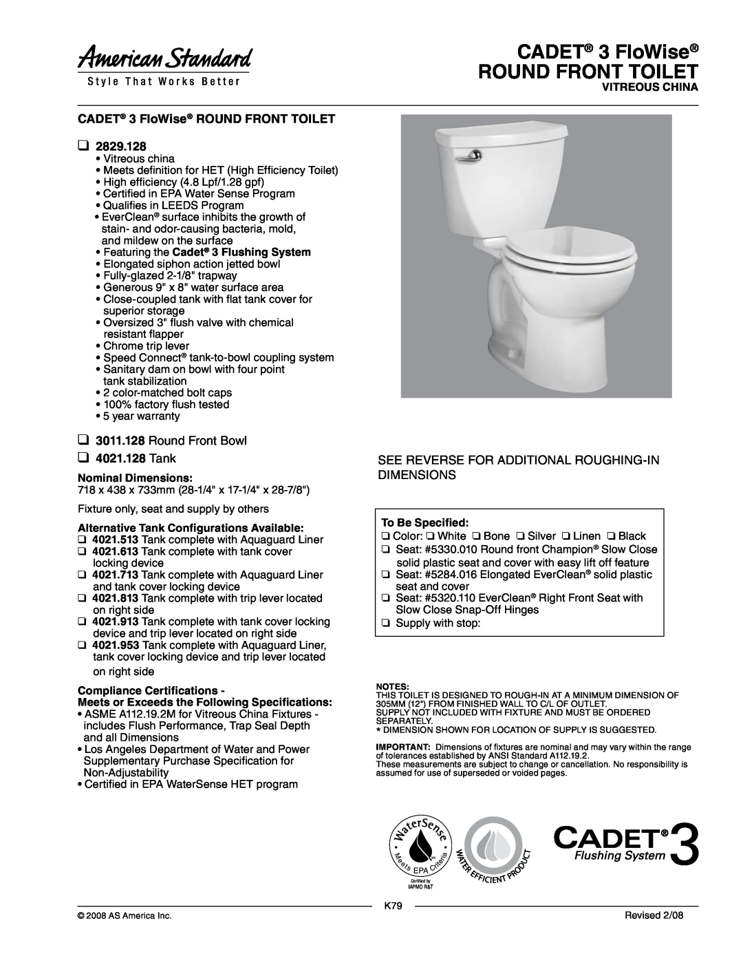American Standard 2829.128 dimensions CADET 3 FloWise ROUND FRONT TOILET, Vitreous China, Nominal Dimensions, Tank 