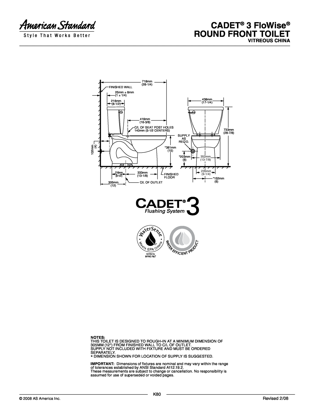 American Standard 3011.128, 4021.128, 2829.128 dimensions CADET 3 FloWise ROUND FRONT TOILET, Vitreous China, Revised 2/08 