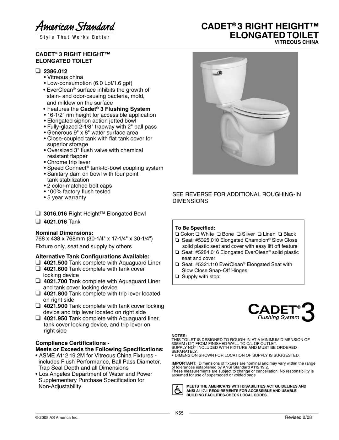 American Standard 4021.600, 4021.500 warranty 2386.012, Features the Cadet 3 Flushing System, Tank Nominal Dimensions 