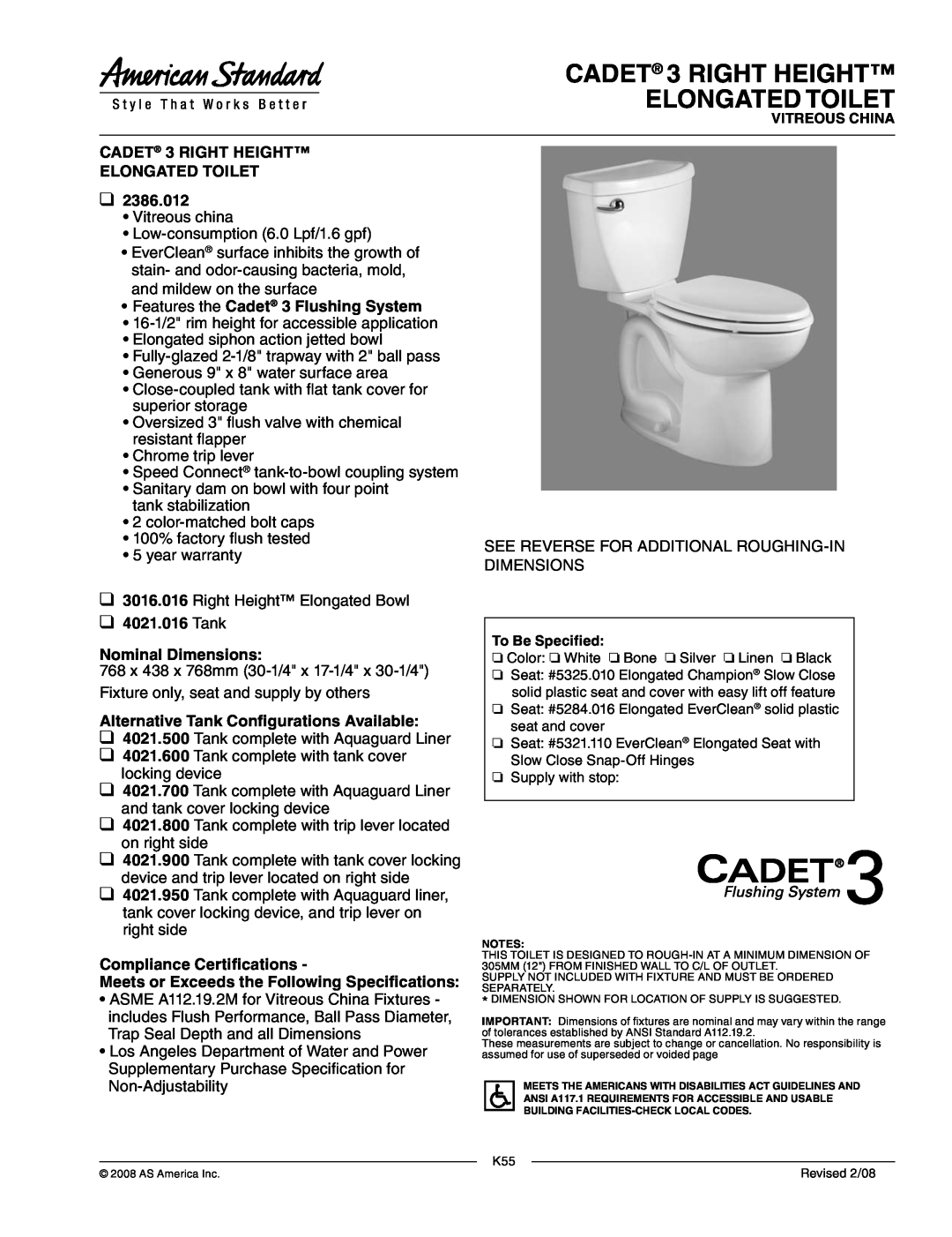 American Standard 4021.600 warranty CADET 3 RIGHT HEIGHT ELONGATED TOILET, Features the Cadet 3 Flushing System, Tank 
