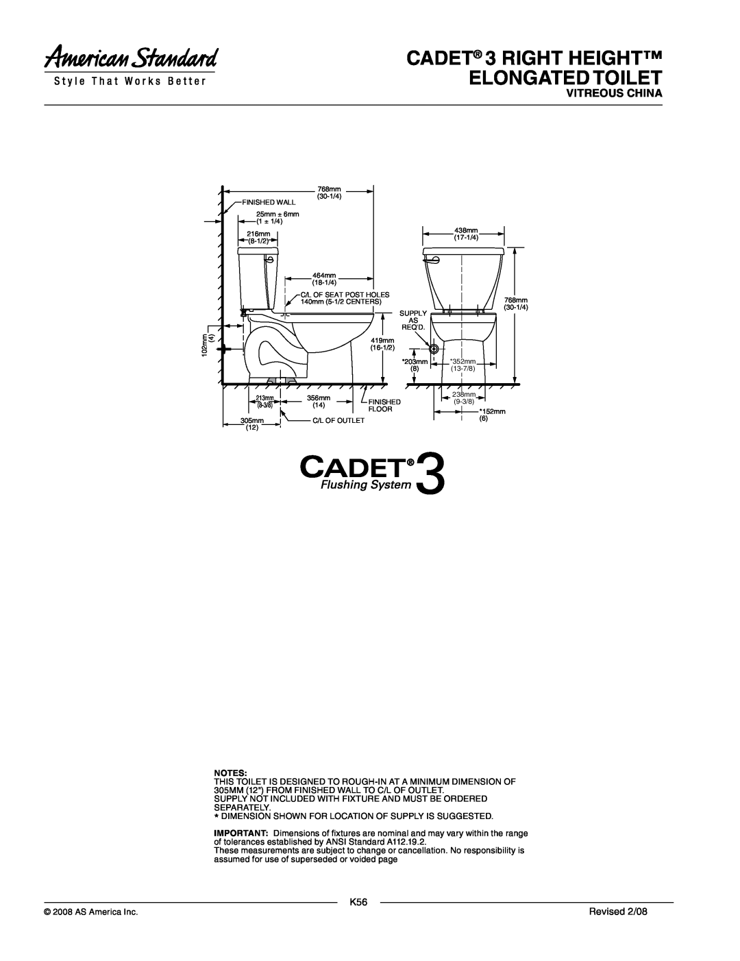 American Standard 2386.012, 4021.500, 4021.600, 3016.016 CADET 3 RIGHT HEIGHT ELONGATED TOILET, Vitreous China, Revised 2/08 