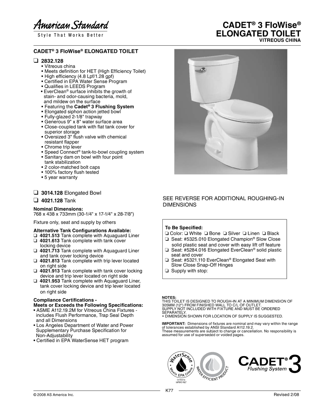 American Standard 4021.513, 4021.613, 3014.128 dimensions Cadet 3 FloWise Elongated Toilet 2832.128, Tank 