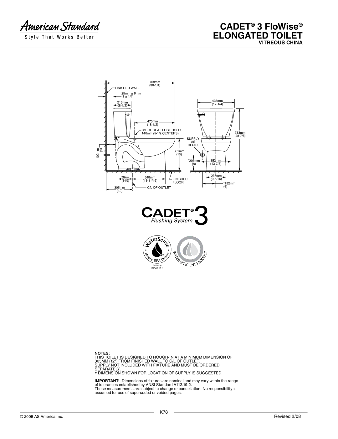 American Standard 2832.128, 4021.613, 4021.513, 3014.128 dimensions Finished Wall, Supply AS Reqd, Floor, Outlet 