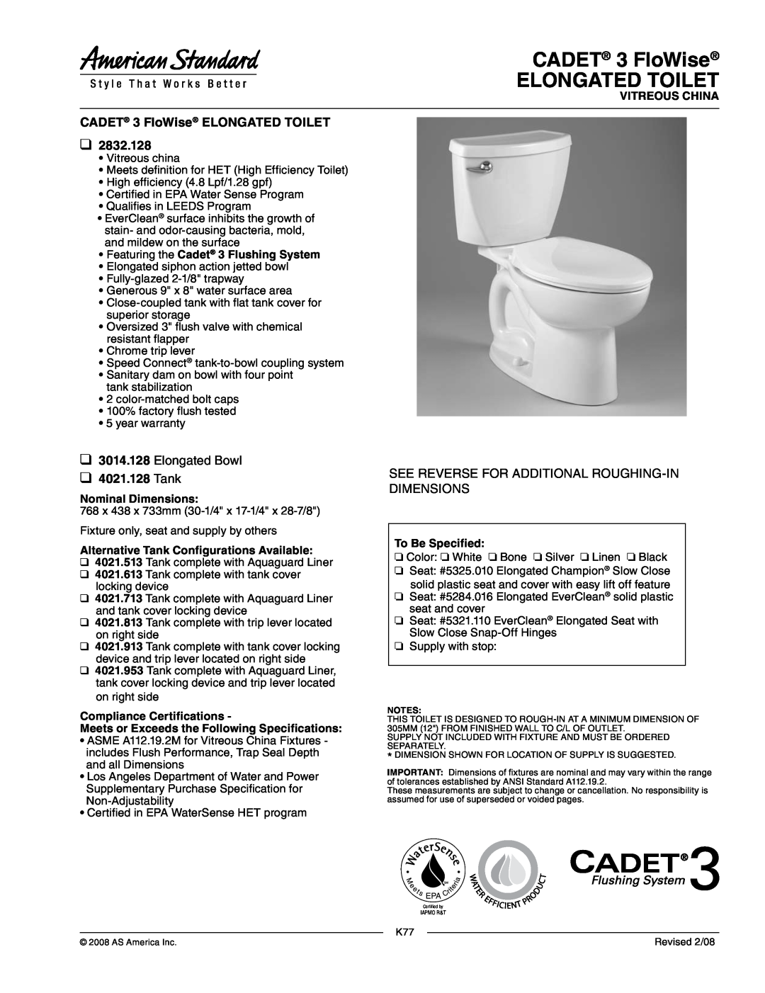 American Standard 4021.513 dimensions CADET 3 FloWise ELONGATED TOILET, Vitreous China, Nominal Dimensions, Elongated Bowl 