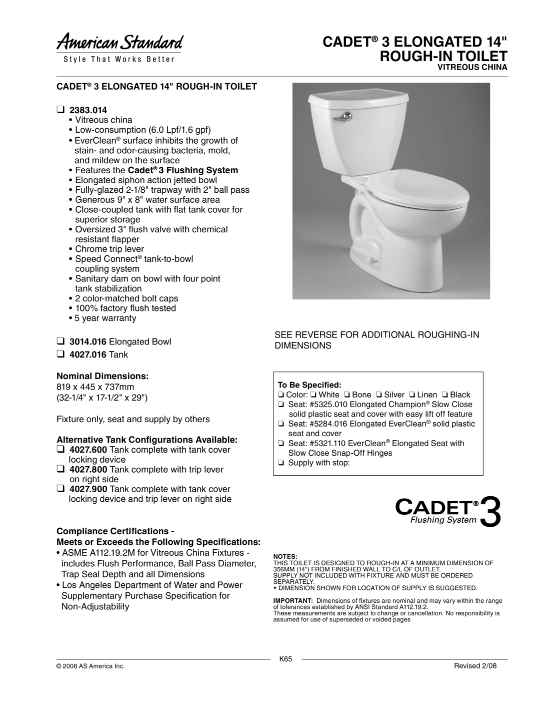 American Standard 4027.900, 4027.600 dimensions Cadet 3 Elongated ROUGH-IN Toilet, Cadet 3 Elongated 14 ROUGH-IN Toilet 