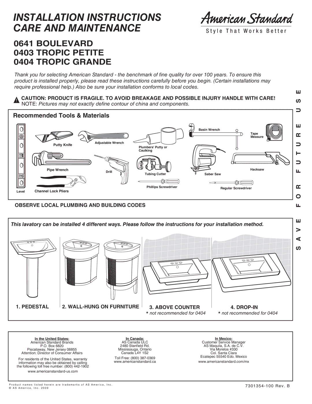 American Standard 404 installation instructions Recommended Tools & Materials, Observe Local Plumbing and Building Codes 