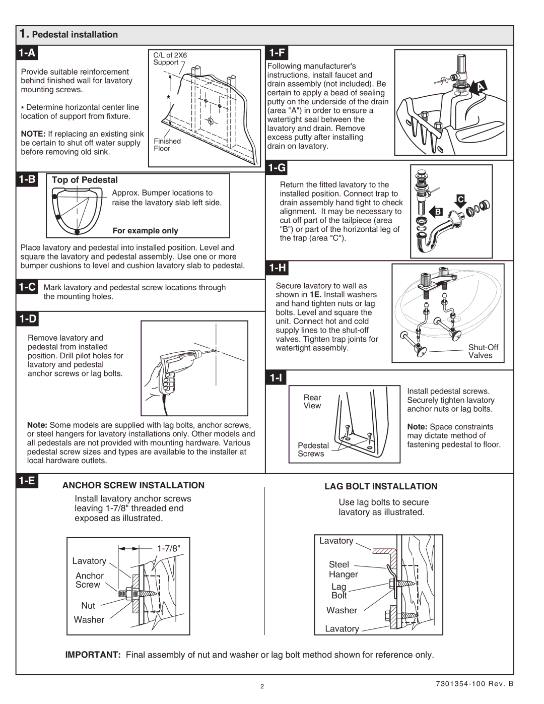 American Standard 641, 403, 404 Pedestal installation, BTop of Pedestal, Anchor Screw Installation, LAG Bolt Installation 