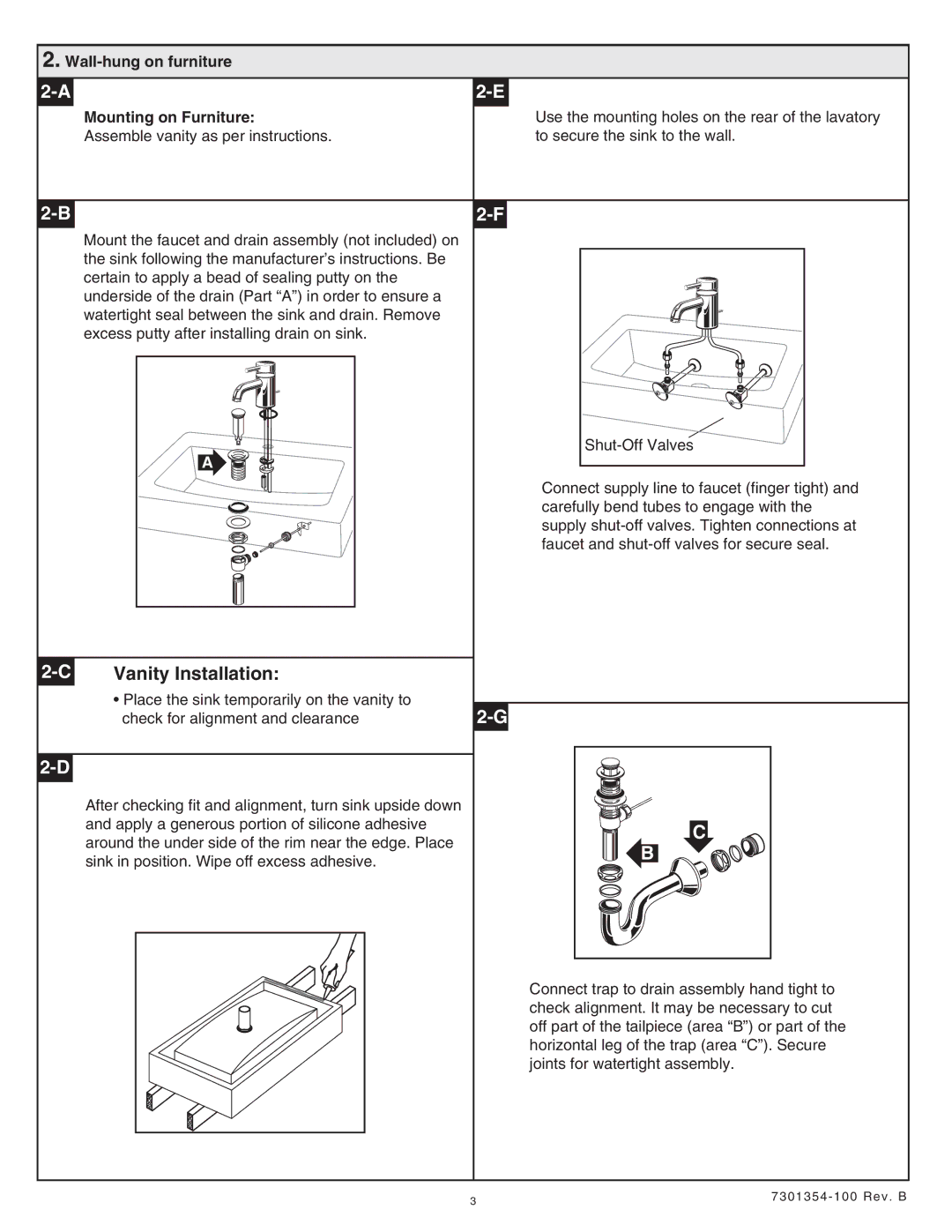 American Standard 403, 404, 641 installation instructions Vanity Installation, Wall-hung on furniture Mounting on Furniture 