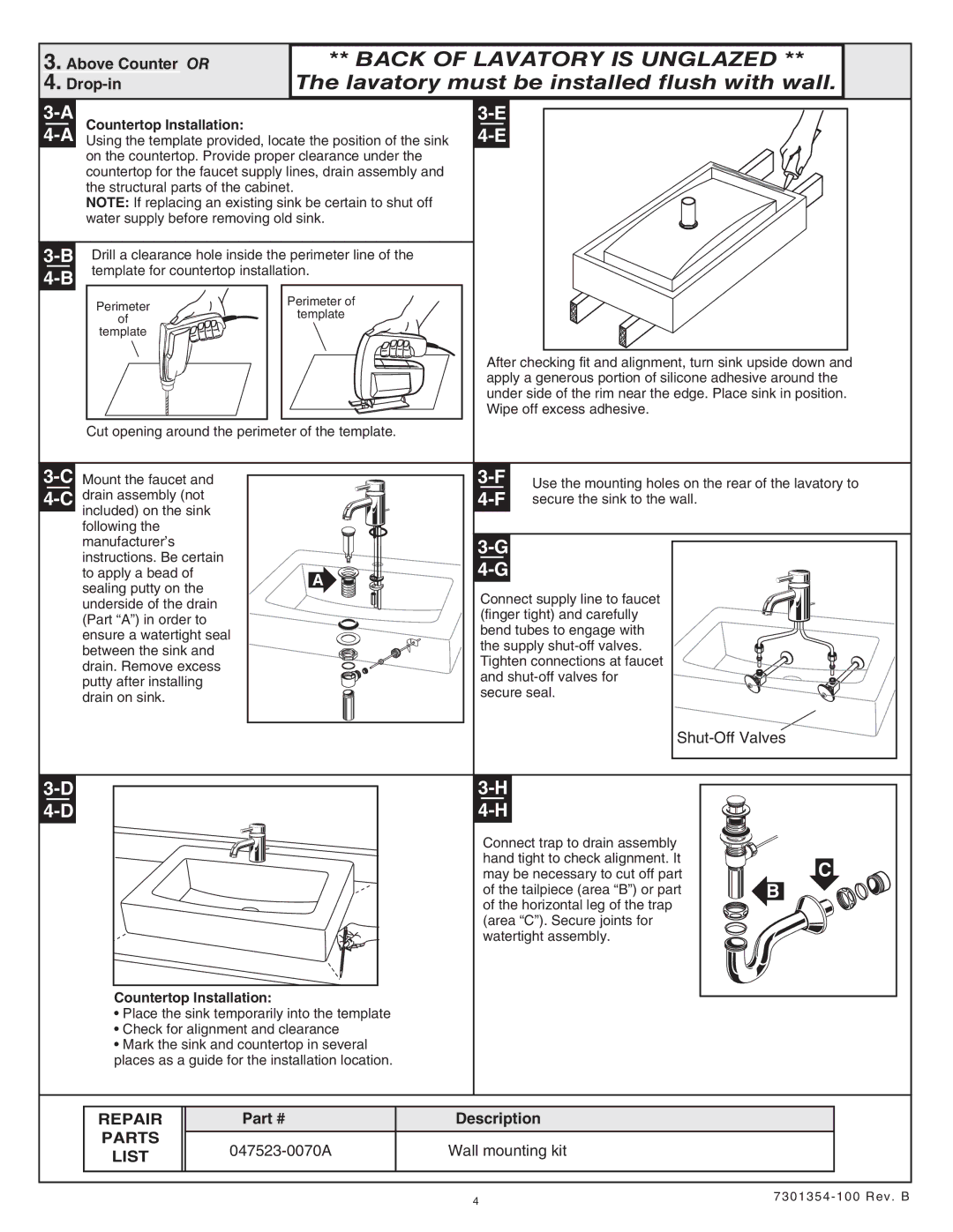 American Standard 404, 403, 641 Above Counter or Drop-in, Repair Parts List, Description, 047523-0070A Wall mounting kit 