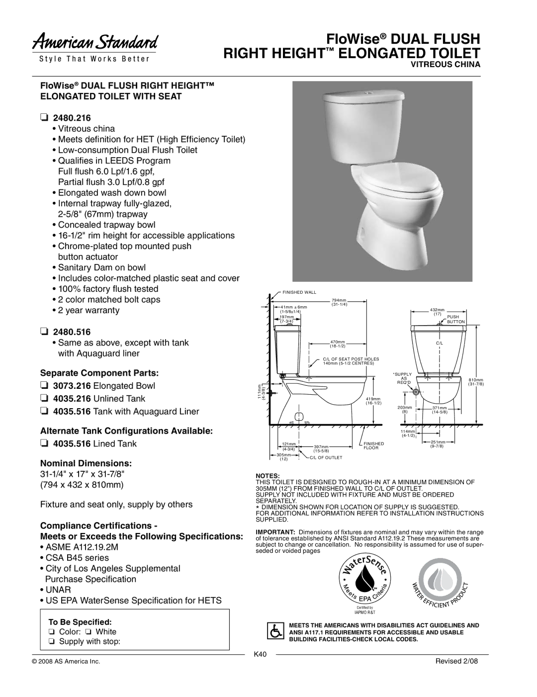 American Standard 4035.516, 4035.216, 3073.216 warranty FloWise Dual Flush Right Height Elongated Toilet, Unar 