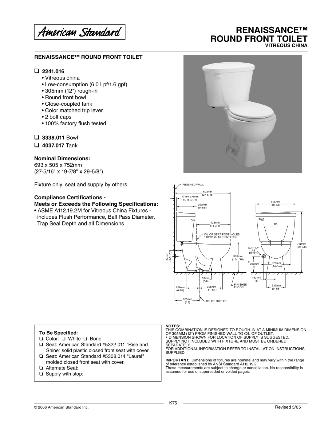 American Standard 2241.016, 4037.017, 3338.011 dimensions Renaissance Round Front Toilet 