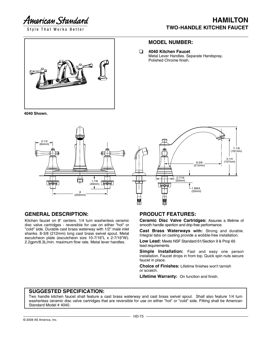 American Standard 4040 warranty Hamilton, TWO-HANDLE Kitchen Faucet Model Number, General Description, Product Features 