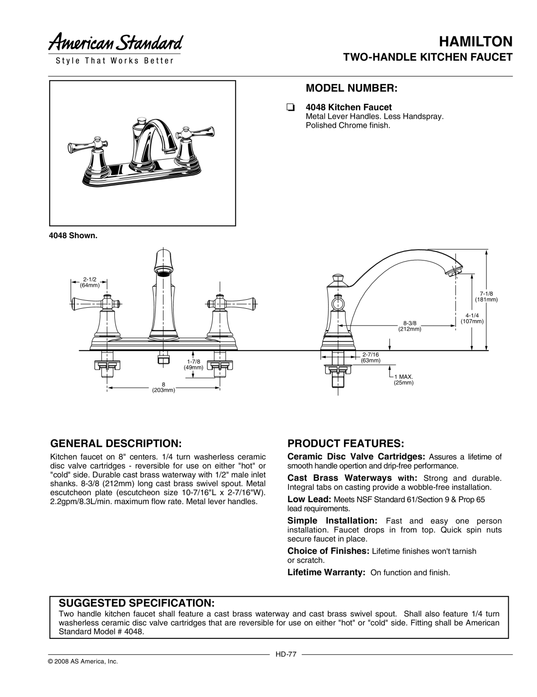 American Standard 4048 warranty Hamilton, TWO-HANDLE Kitchen Faucet Model Number, General Description, Product Features 