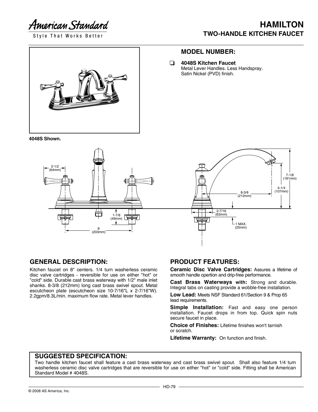 American Standard 4048S warranty Hamilton, TWO-HANDLE Kitchen Faucet Model Number, General Description, Product Features 