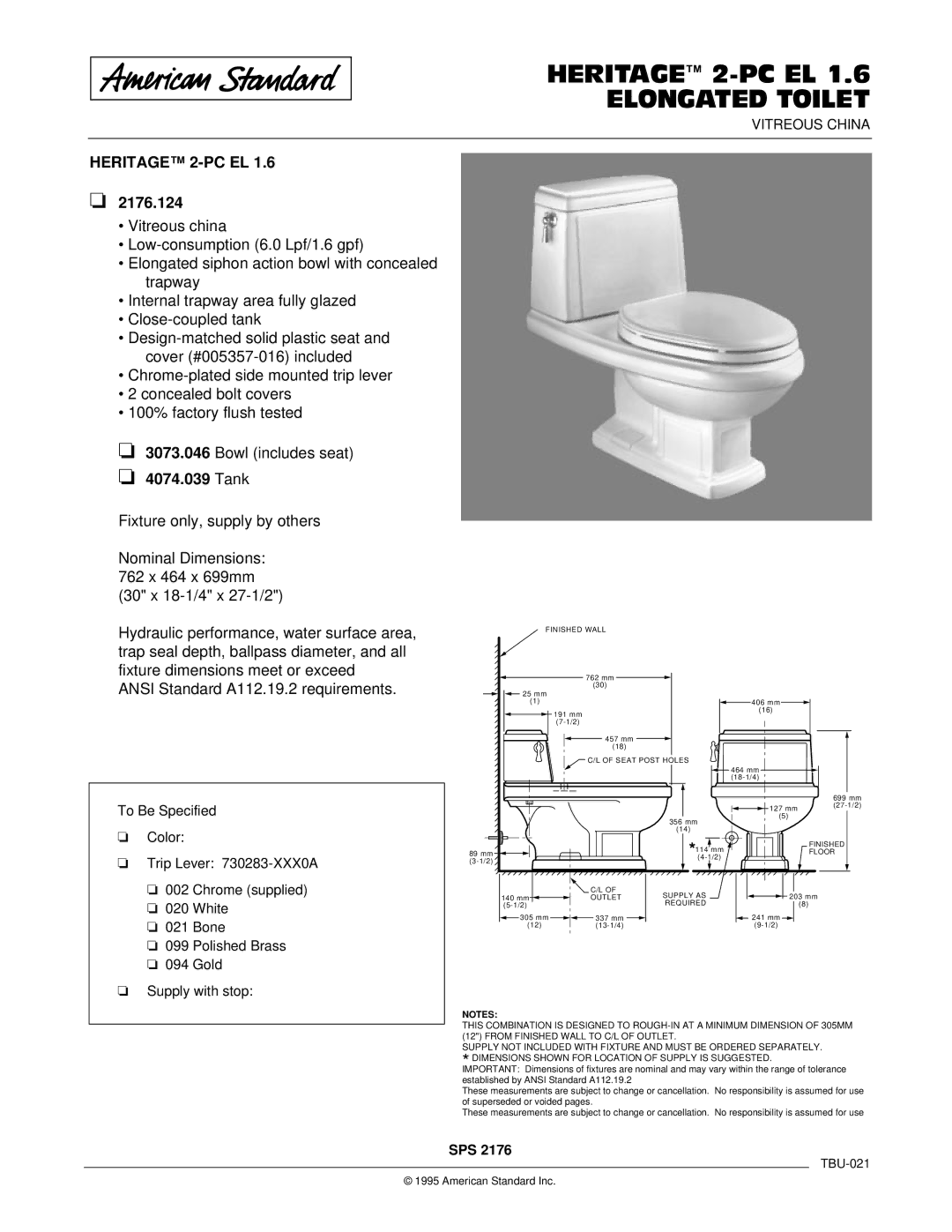 American Standard 3073.046, 4074.039 dimensions Heritage 2-PC EL Elongated Toilet, 2176.124, Tank 