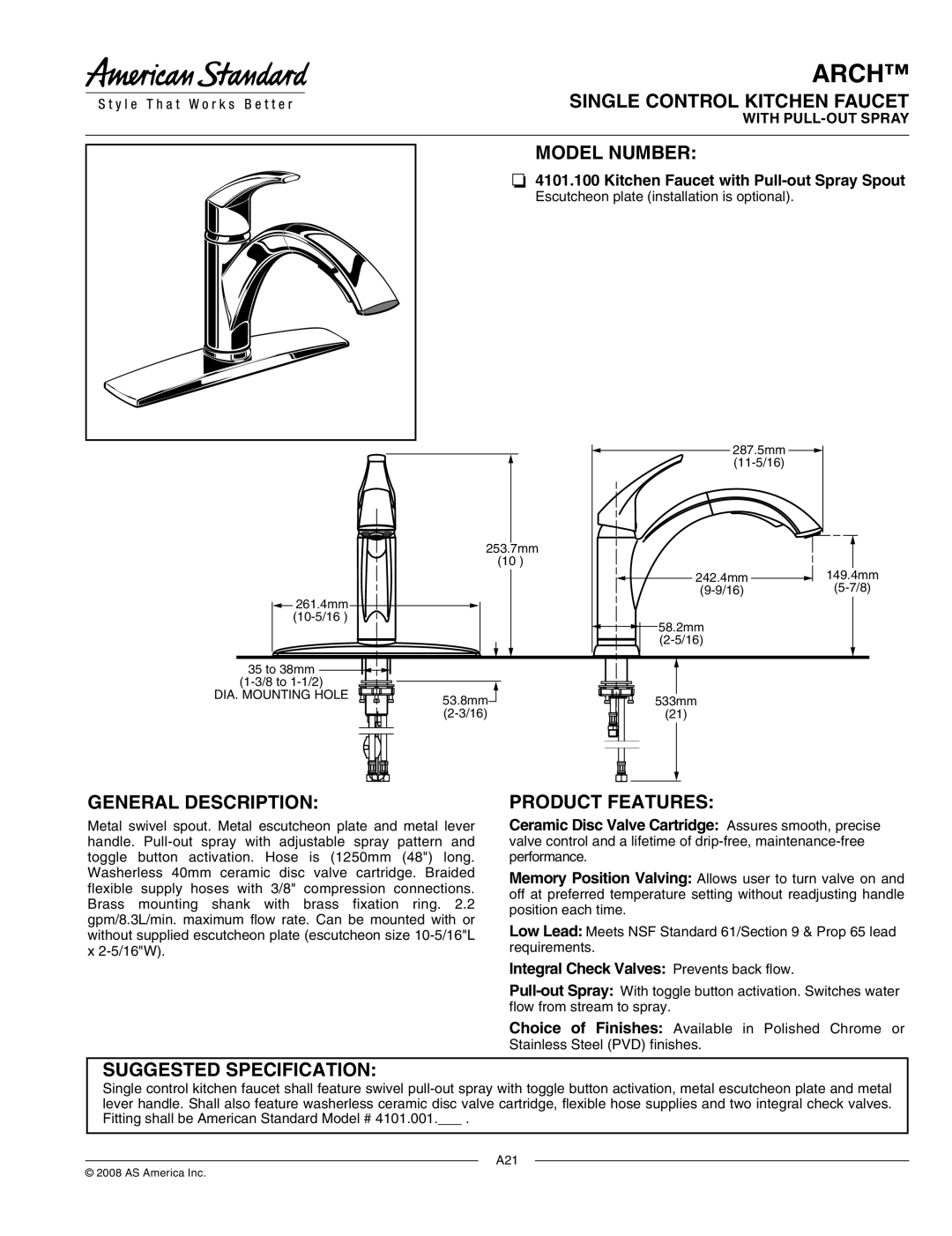 American Standard 4101.001 specifications Single Control Kitchen Faucet, Model Number, General Description 