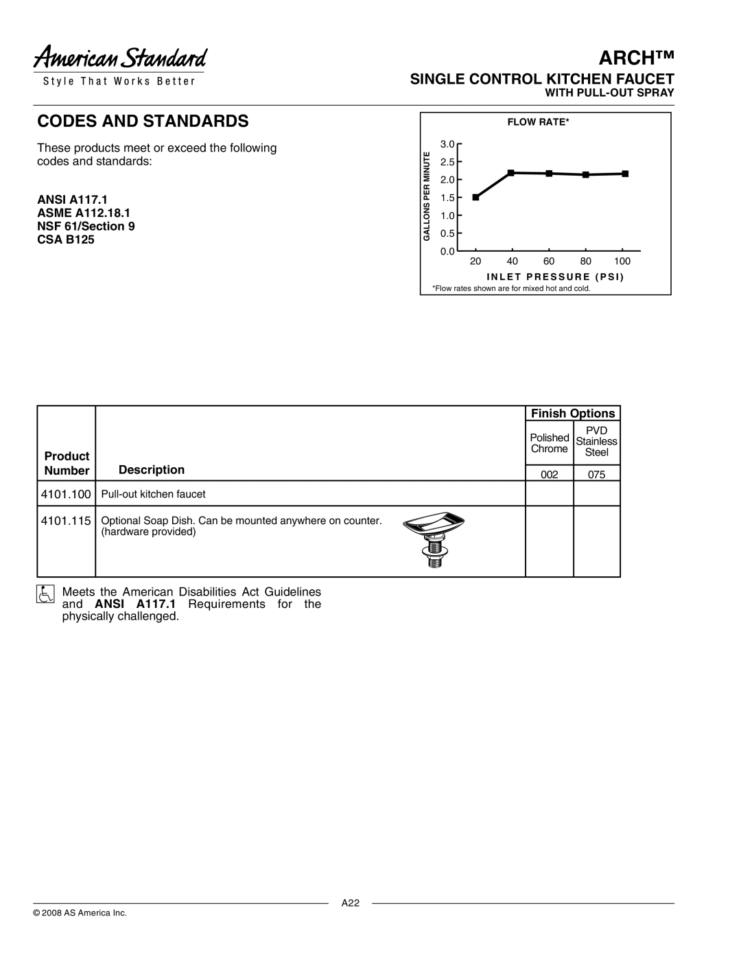 American Standard 4101.001 specifications Ansi A117.1, Asme A112.18.1 NSF 61/Section CSA B125, Finish Options, Description 