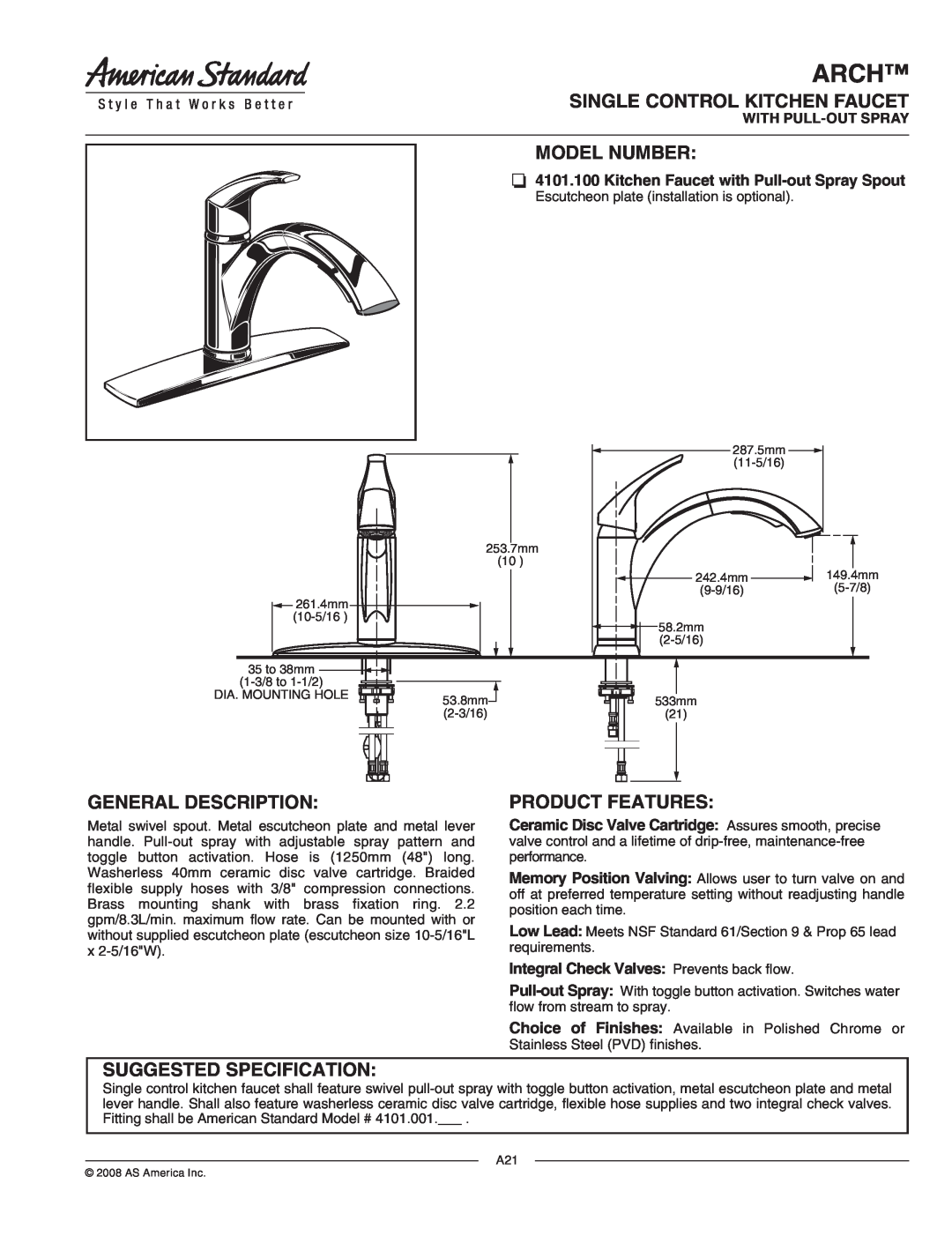 American Standard 4101.001 specifications Arch, Kitchen Faucet with Pull-outSpray Spout, With Pull-Outspray, Model Number 