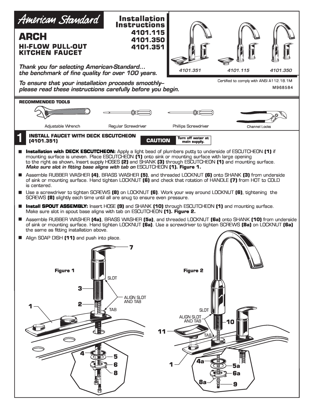 American Standard 4101.115 installation instructions Arch, 4101.350, Hi-Flow Pull-Out, 4101.351, Kitchen Faucet 